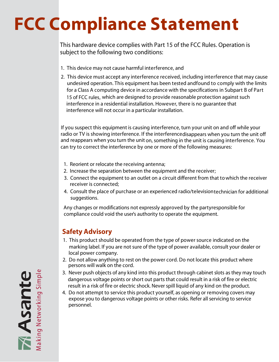 Fcc compliance statement, Safety advisory | Asante Technologies FRIENDLYNET FS4124R User Manual | Page 6 / 6