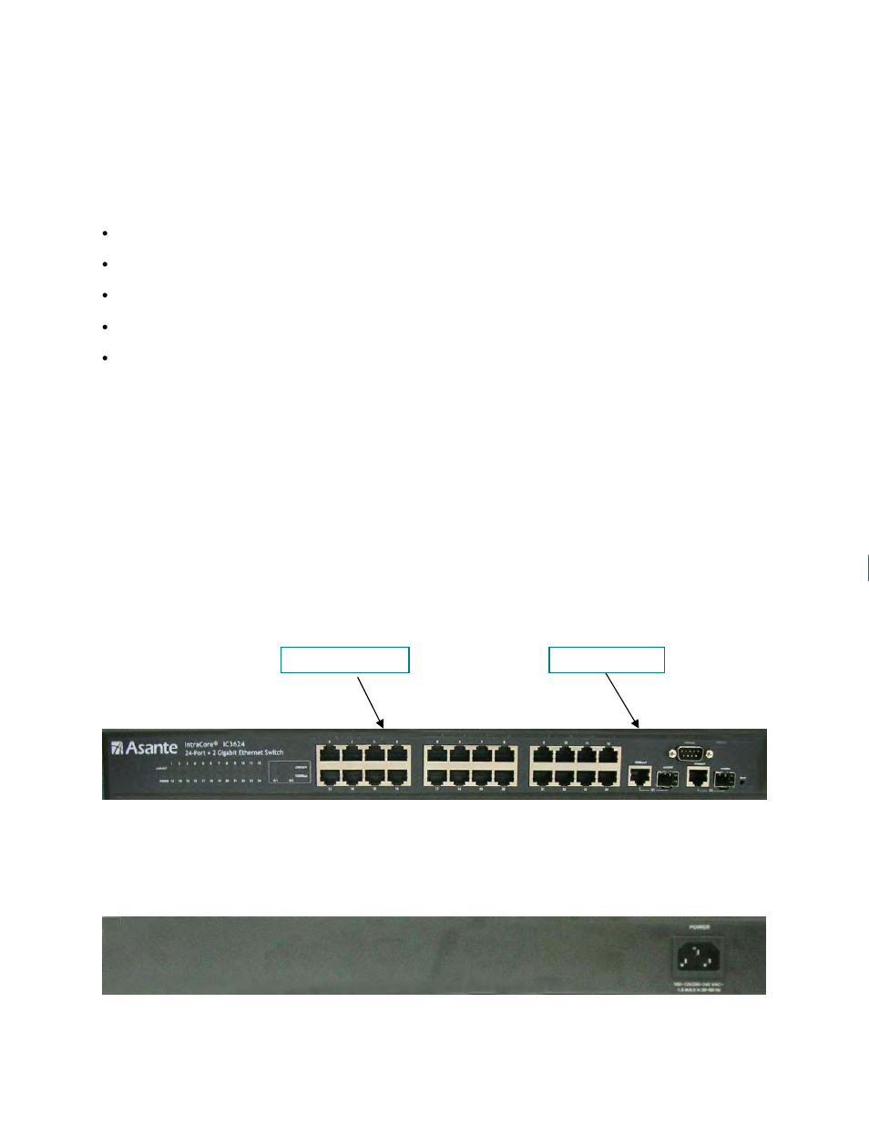 3 package contents, 4 front and back panel descriptions, 3624 front panel | 3624 rear panel | Asante Technologies 3624/48 User Manual | Page 11 / 145