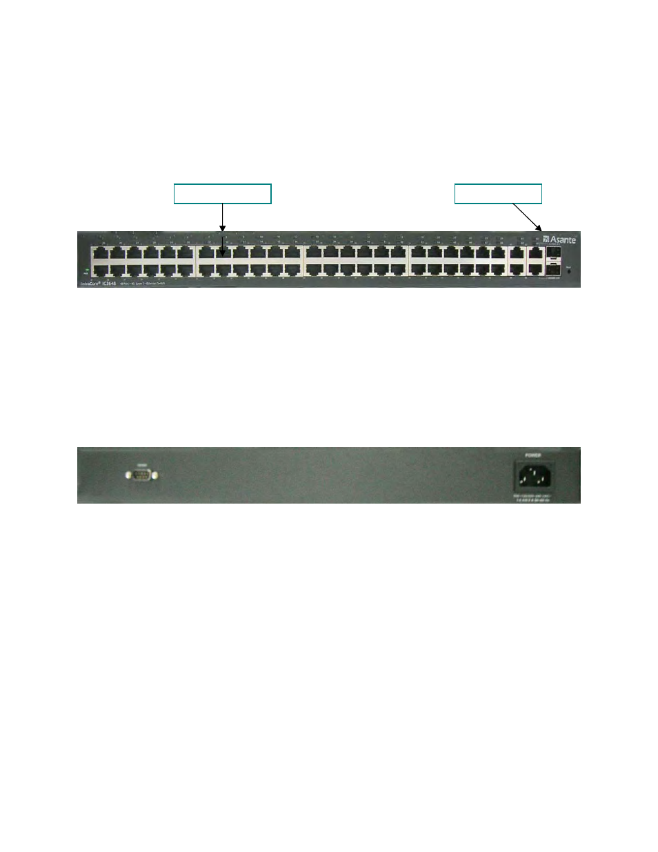 3648 front panel, 3648 rear panel | Asante Technologies 3624/48 User Manual | Page 12 / 145