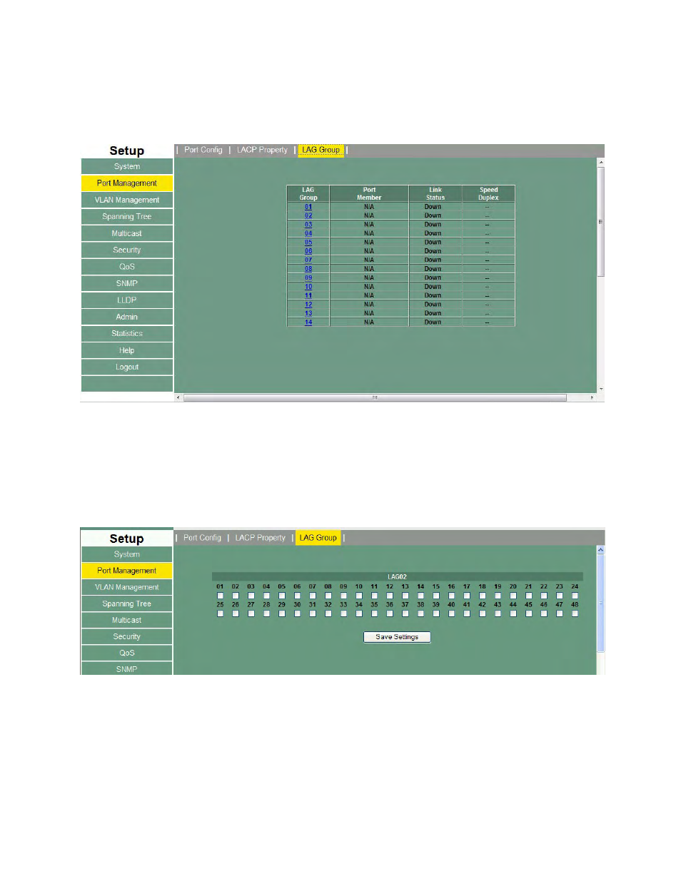 Port management – lag group, Port management – lag group - each group, 4 vlan management | Asante Technologies 3624/48 User Manual | Page 70 / 145