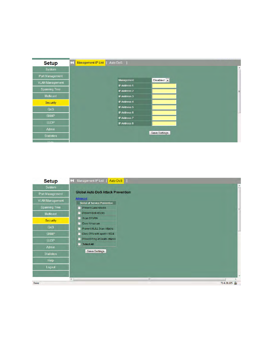 Management ip list, Auto dos | Asante Technologies 3624/48 User Manual | Page 83 / 145