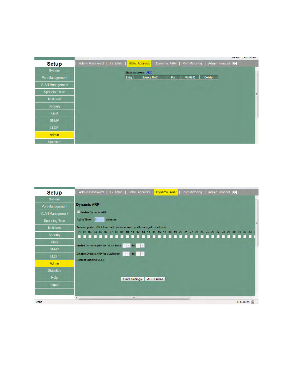 Static addresses, Dynamic arp | Asante Technologies 3624/48 User Manual | Page 94 / 145