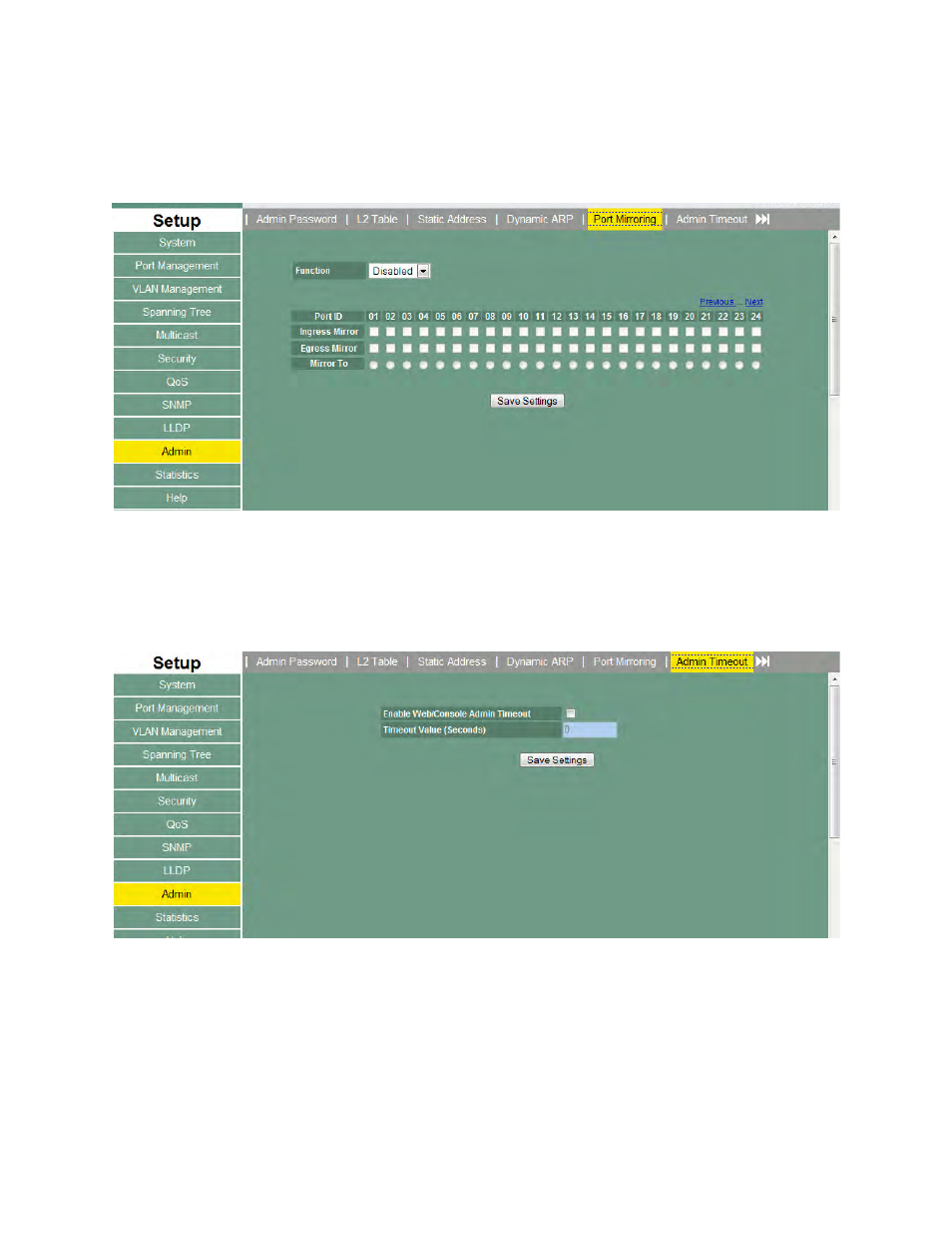 Port mirroring, Admin timeout | Asante Technologies 3624/48 User Manual | Page 95 / 145