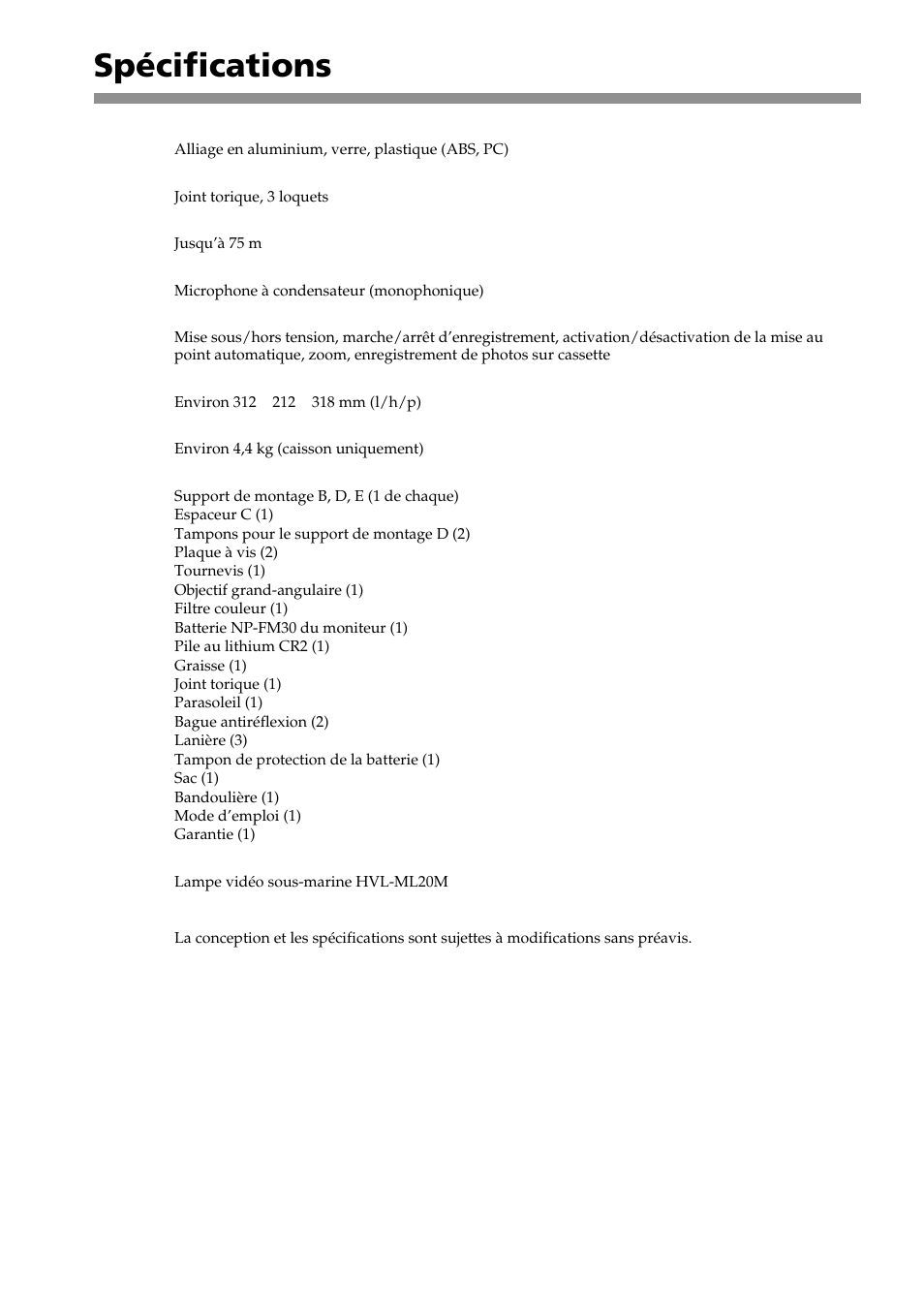 Spécifications | Sony MPK-DVF5M User Manual | Page 54 / 112