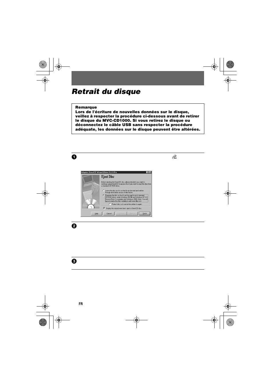 Retrait du disque | Sony MVC-CD1000 User Manual | Page 12 / 32