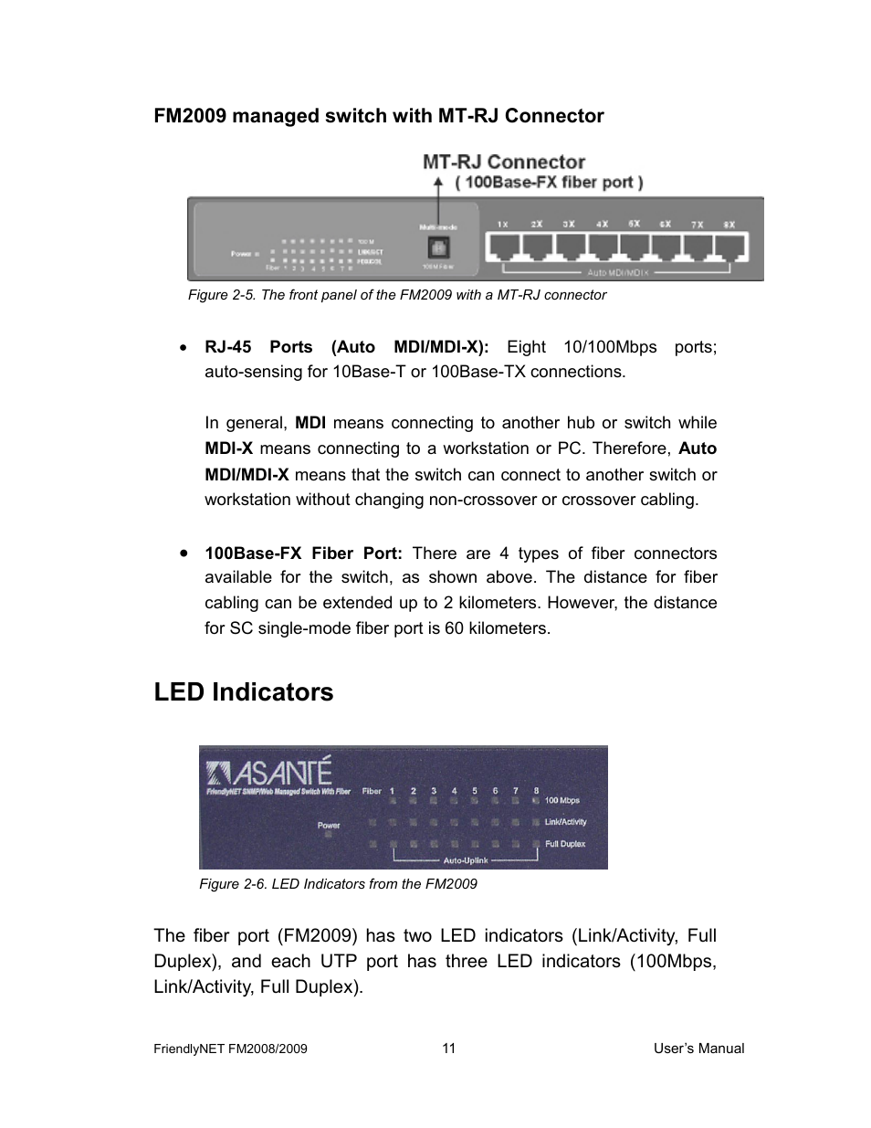 Led indicators | Asante Technologies FM2008/2009 User Manual | Page 11 / 86