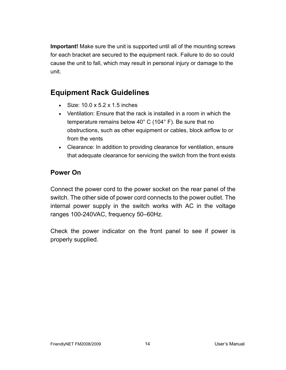 Equipment rack guidelines | Asante Technologies FM2008/2009 User Manual | Page 14 / 86