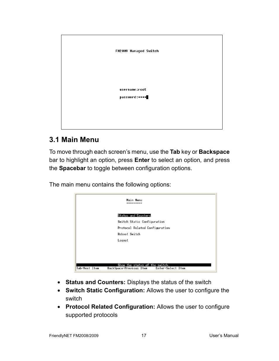 1 main menu | Asante Technologies FM2008/2009 User Manual | Page 17 / 86