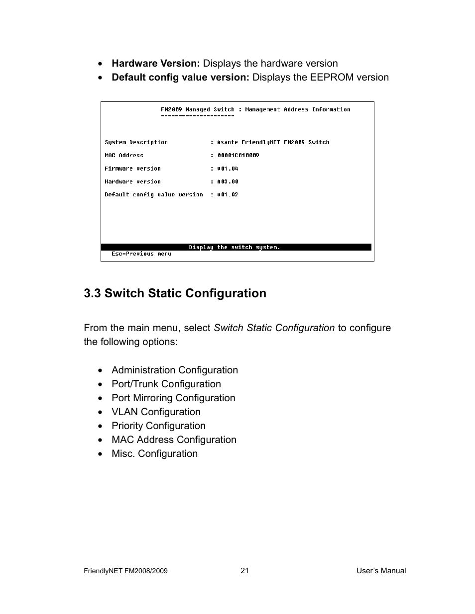 3 switch static configuration | Asante Technologies FM2008/2009 User Manual | Page 21 / 86