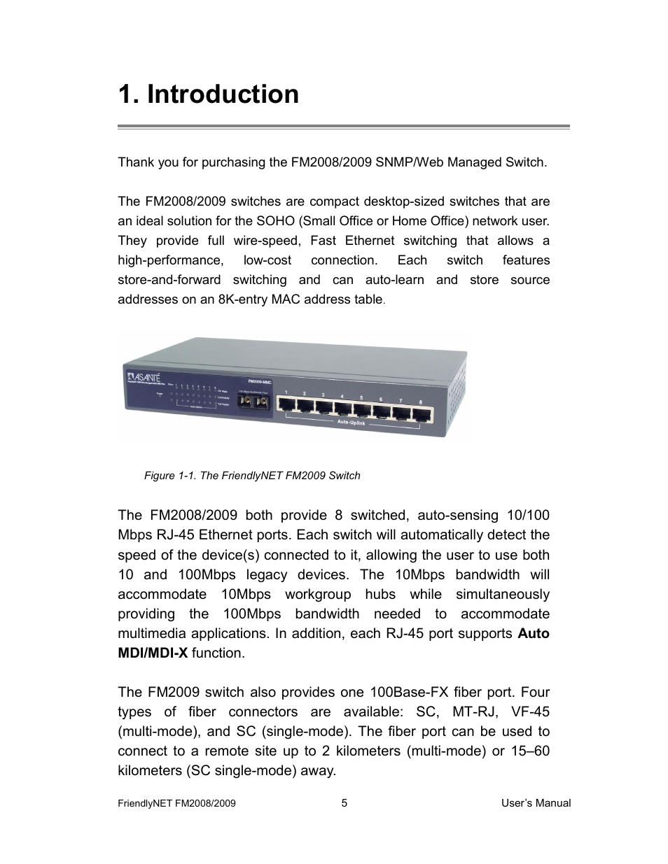 Introduction, Figure 1-1. the friendlynet fm2009 switch | Asante Technologies FM2008/2009 User Manual | Page 5 / 86