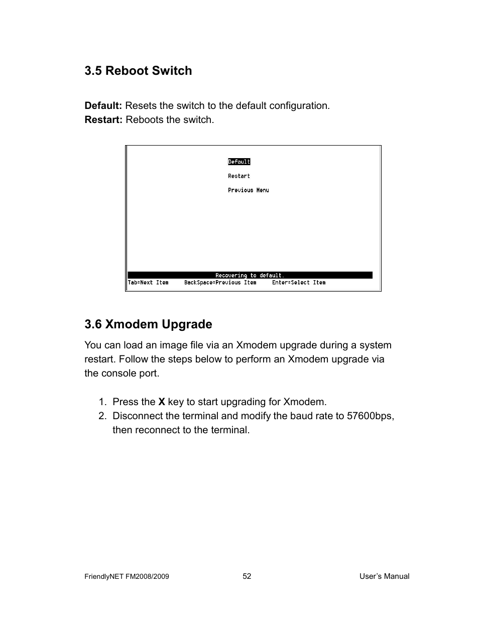 5 reboot switch, 6 xmodem upgrade | Asante Technologies FM2008/2009 User Manual | Page 52 / 86