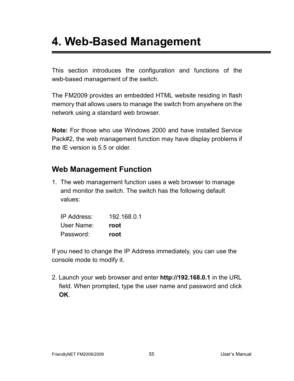 Web-based management, Web management function | Asante Technologies FM2008/2009 User Manual | Page 55 / 86