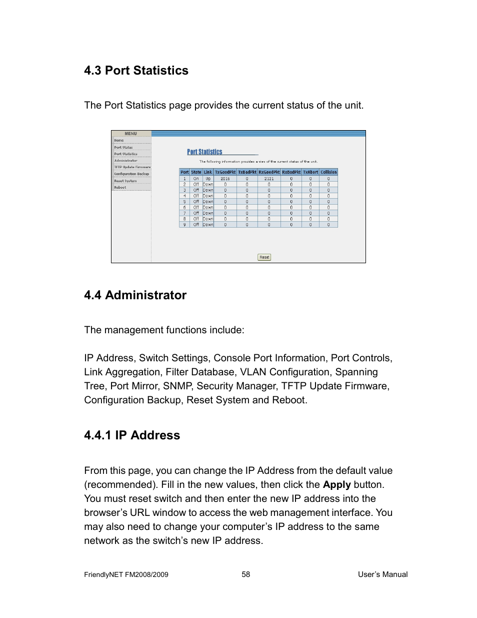 3 port statistics, 4 administrator, 1 ip address | Asante Technologies FM2008/2009 User Manual | Page 58 / 86