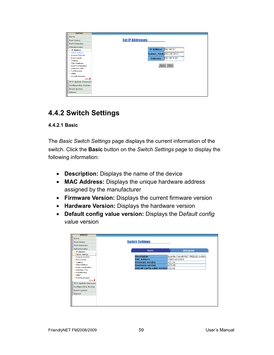 2 switch settings | Asante Technologies FM2008/2009 User Manual | Page 59 / 86