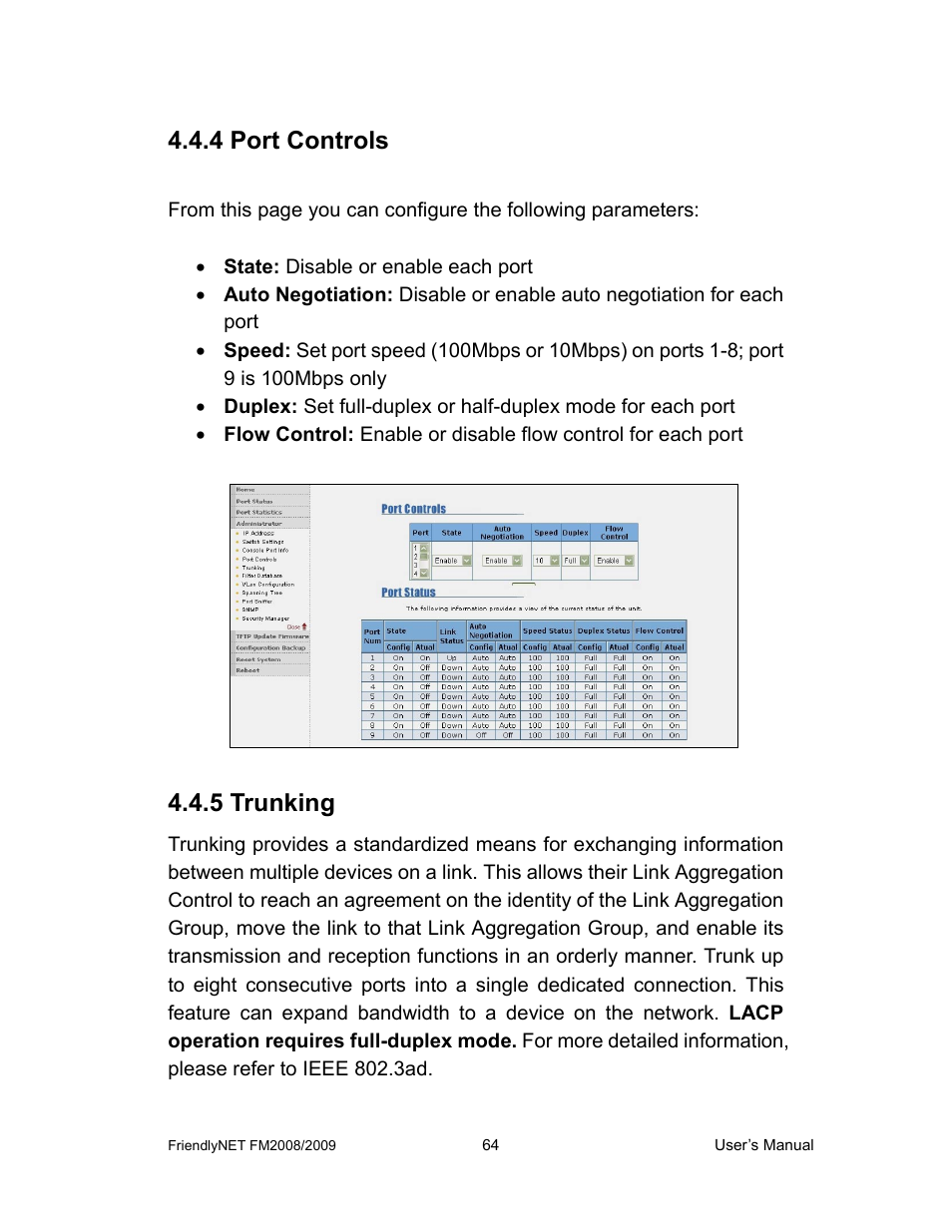 4 port controls, 5 trunking | Asante Technologies FM2008/2009 User Manual | Page 64 / 86