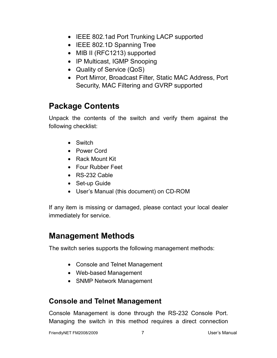 Package contents, Management methods, Console and telnet management | Asante Technologies FM2008/2009 User Manual | Page 7 / 86