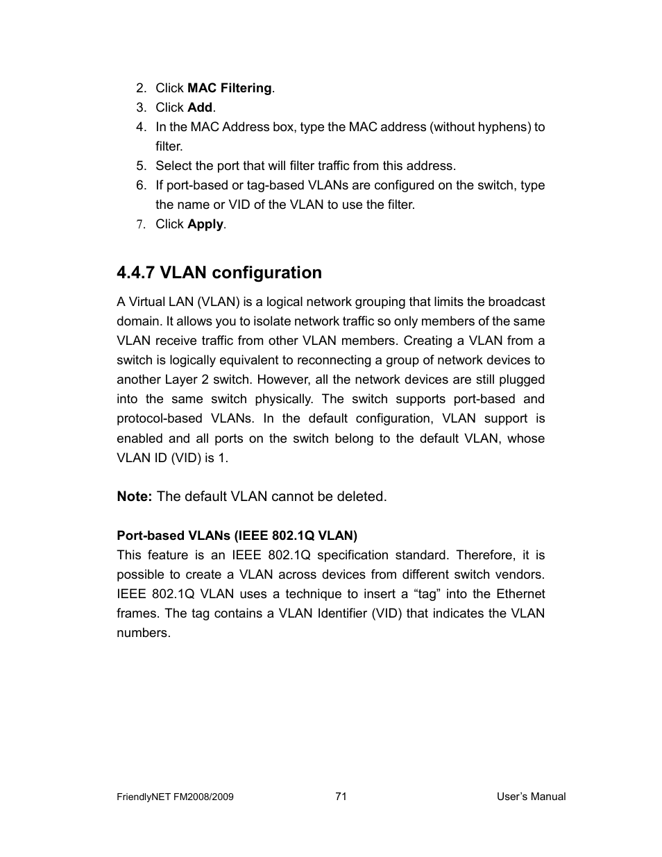 7 vlan configuration | Asante Technologies FM2008/2009 User Manual | Page 71 / 86