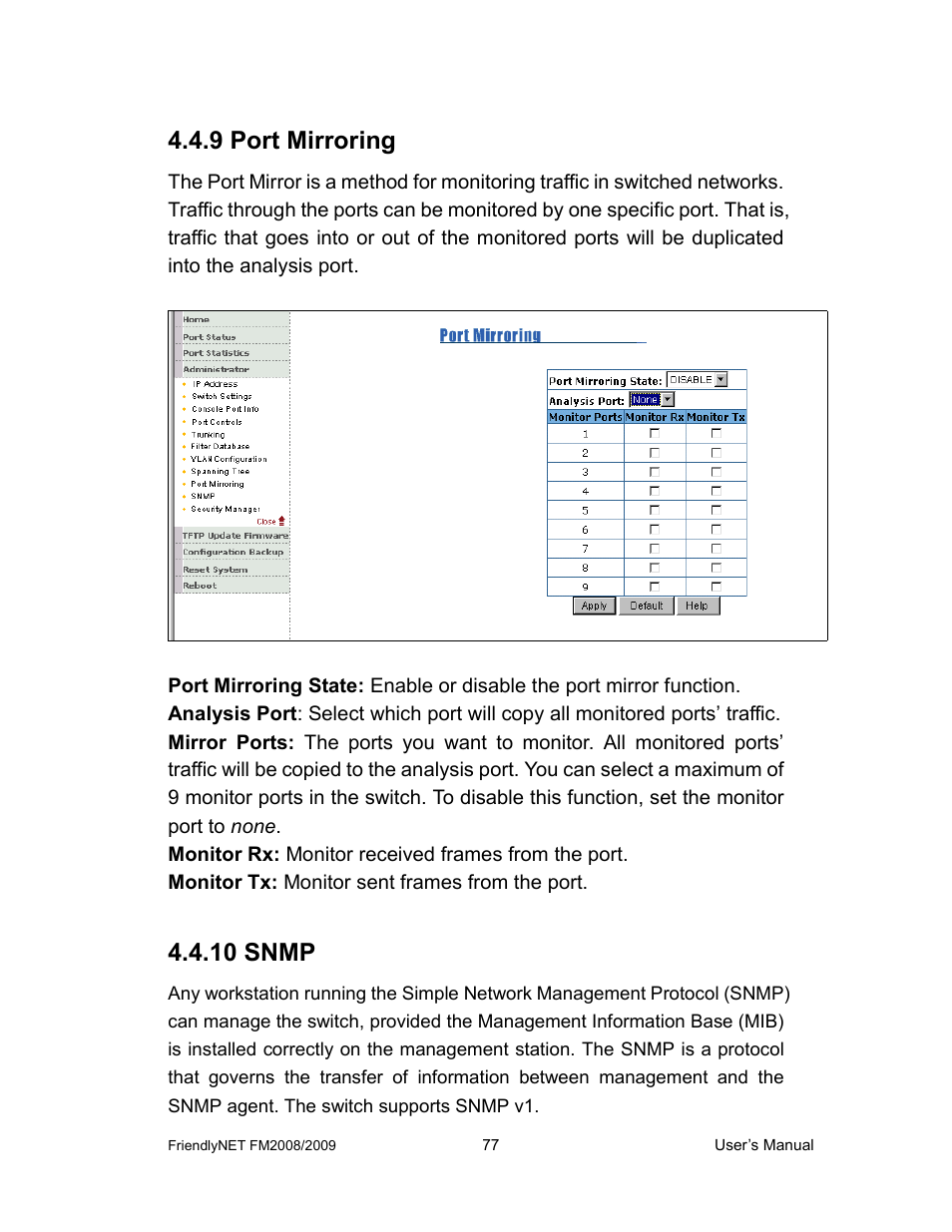 9 port mirroring, 10 snmp | Asante Technologies FM2008/2009 User Manual | Page 77 / 86