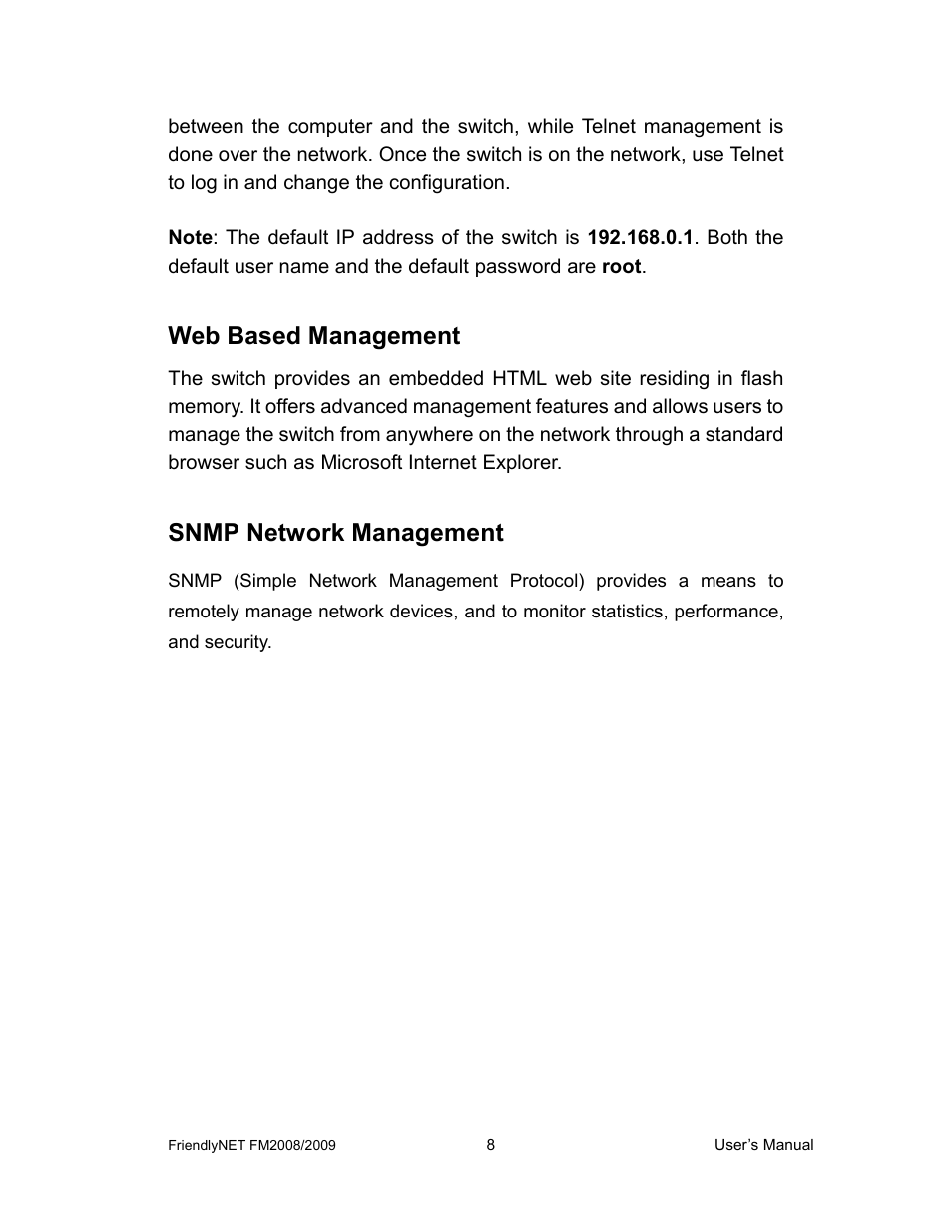 Web based management, Snmp network management | Asante Technologies FM2008/2009 User Manual | Page 8 / 86