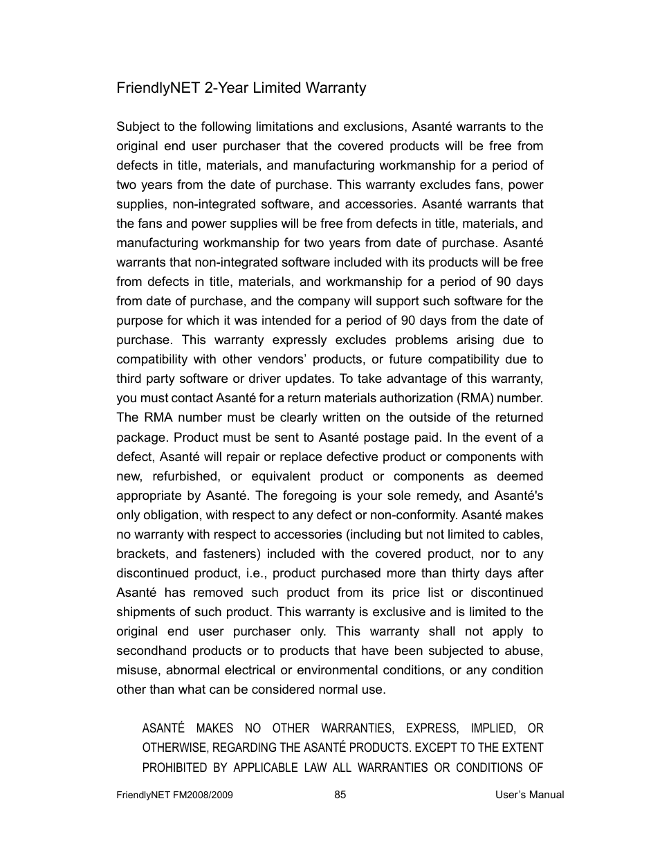 Friendlynet 2-year limited warranty | Asante Technologies FM2008/2009 User Manual | Page 85 / 86