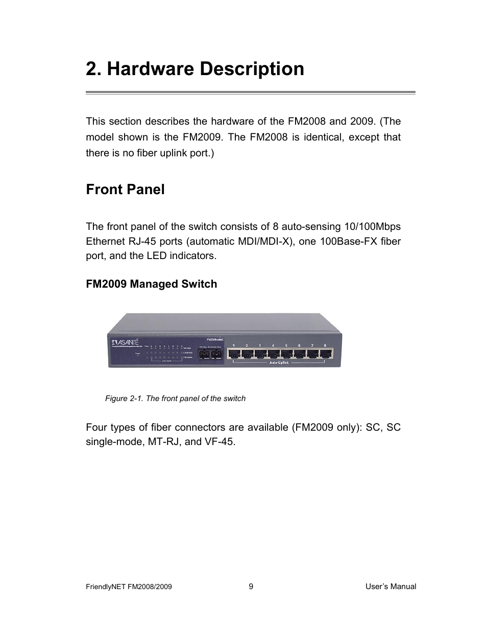 Hardware description, Front panel | Asante Technologies FM2008/2009 User Manual | Page 9 / 86