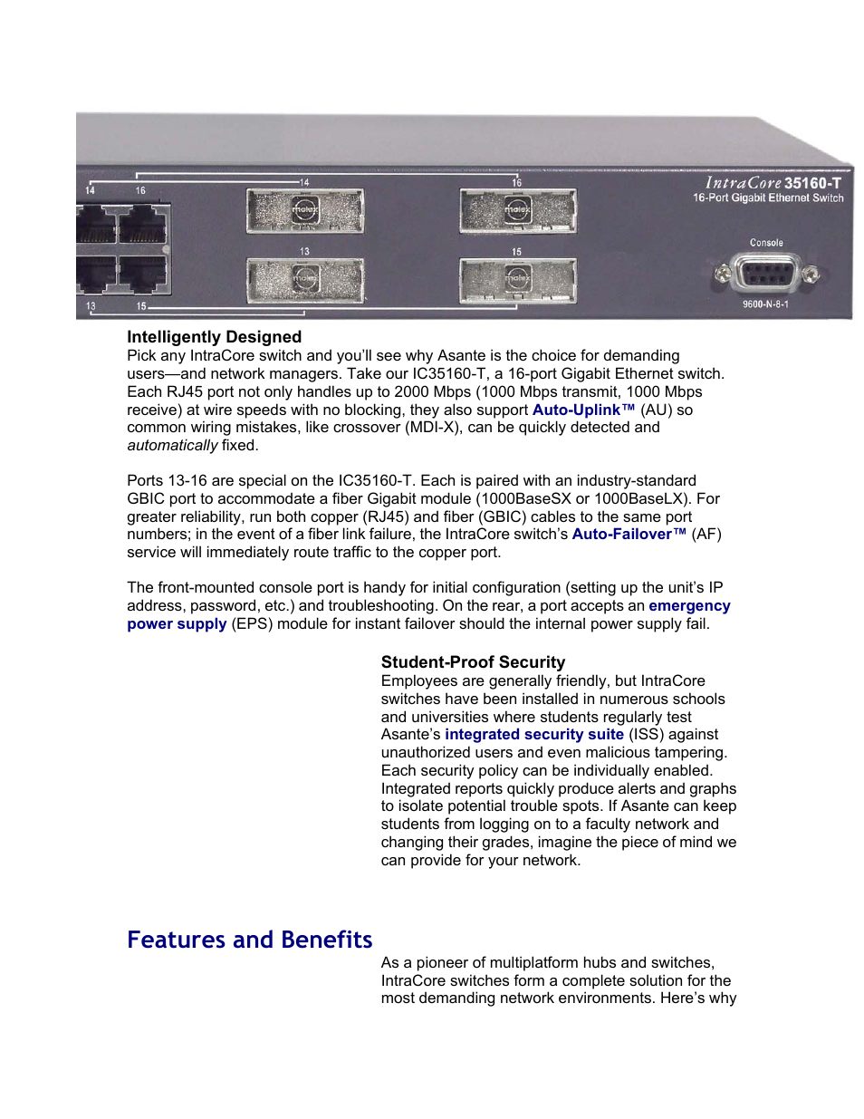 Features and benefits | Asante Technologies IntraCore IC35160G User Manual | Page 3 / 22