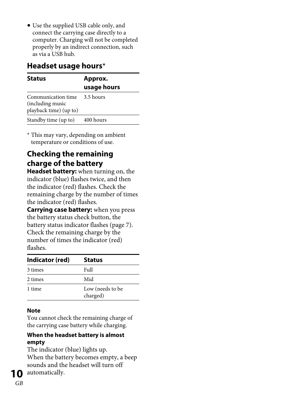 Headset usage hours, Checking the remaining charge of the battery | Sony XBA-BT75 User Manual | Page 10 / 132