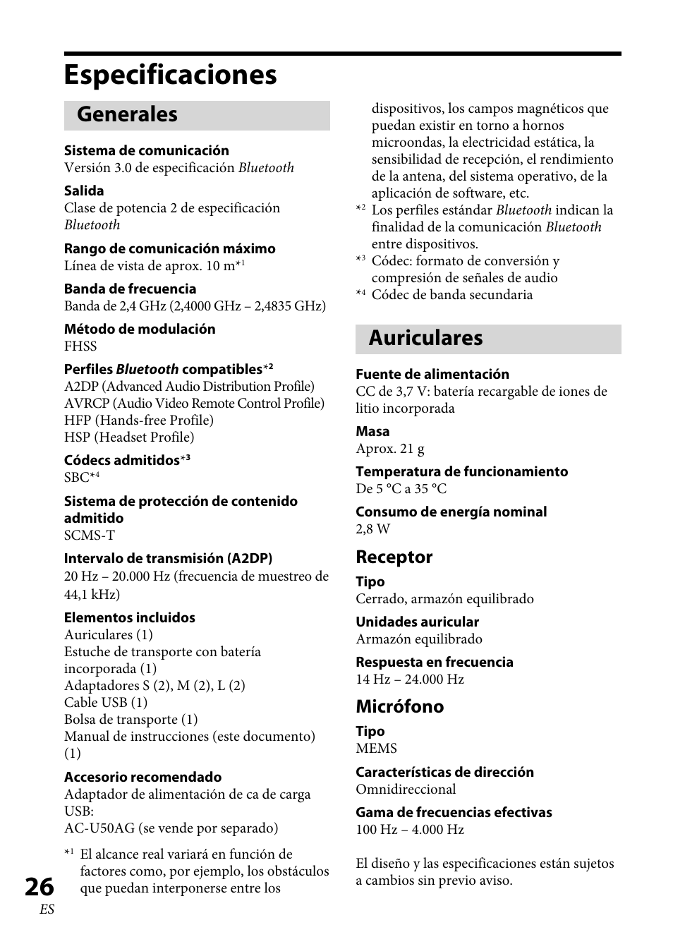 Especificaciones, Generales, Auriculares | Receptor, Micrófono | Sony XBA-BT75 User Manual | Page 104 / 132