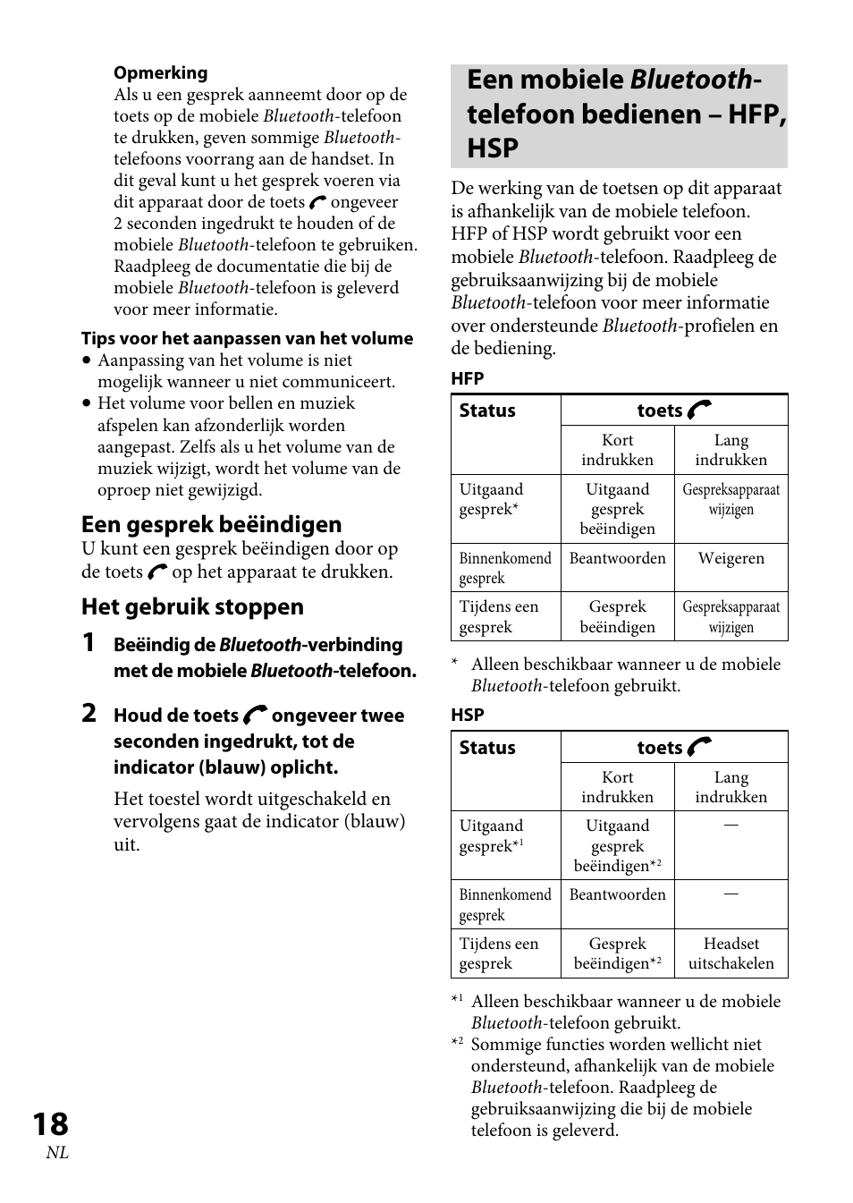 Een mobiele bluetooth-telefoon bedienen – hfp, hsp, Een gesprek beëindigen, Het gebruik stoppen | Sony XBA-BT75 User Manual | Page 122 / 132