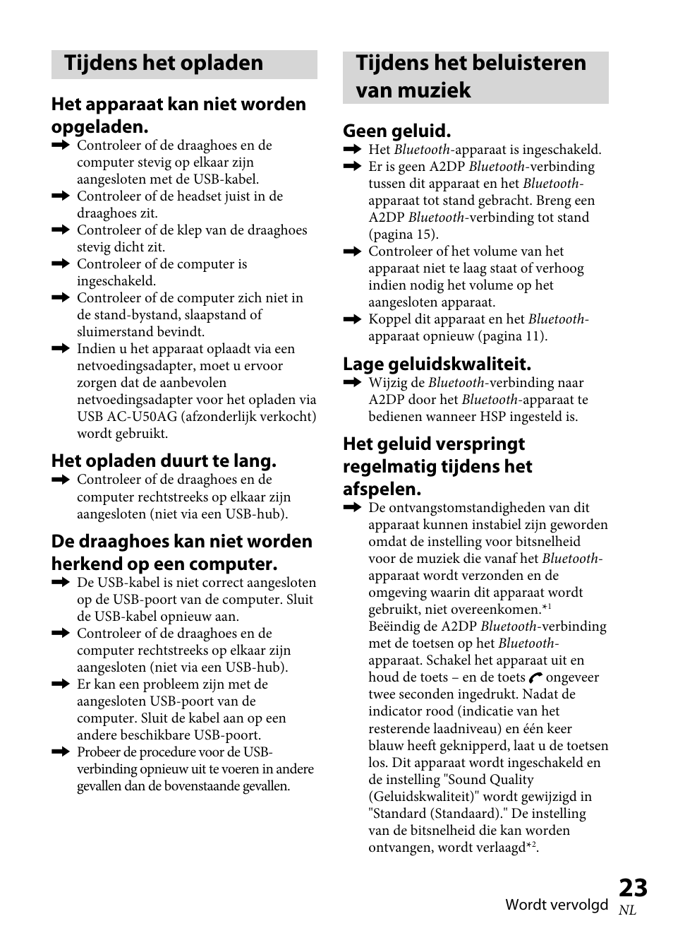 Tijdens het opladen, Tijdens het beluisteren van muziek, Het apparaat kan niet worden opgeladen | Het opladen duurt te lang, Geen geluid, Lage geluidskwaliteit | Sony XBA-BT75 User Manual | Page 127 / 132