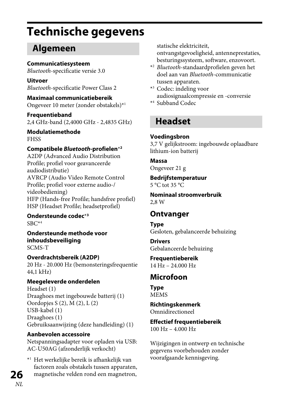 Technische gegevens, Algemeen, Headset | Ontvanger, Microfoon | Sony XBA-BT75 User Manual | Page 130 / 132