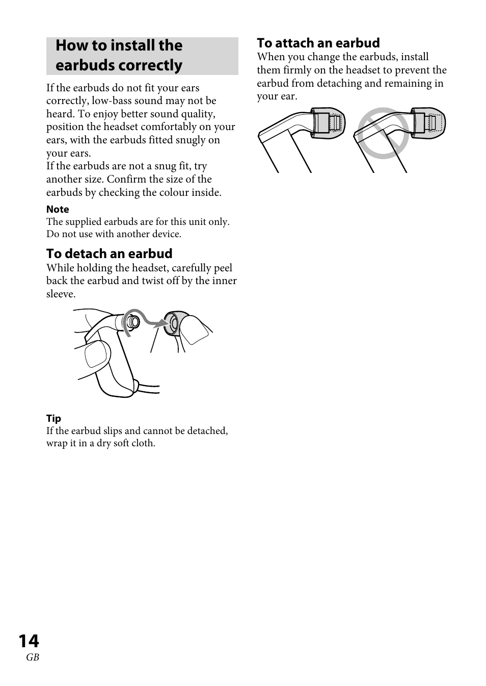 How to install the earbuds correctly | Sony XBA-BT75 User Manual | Page 14 / 132