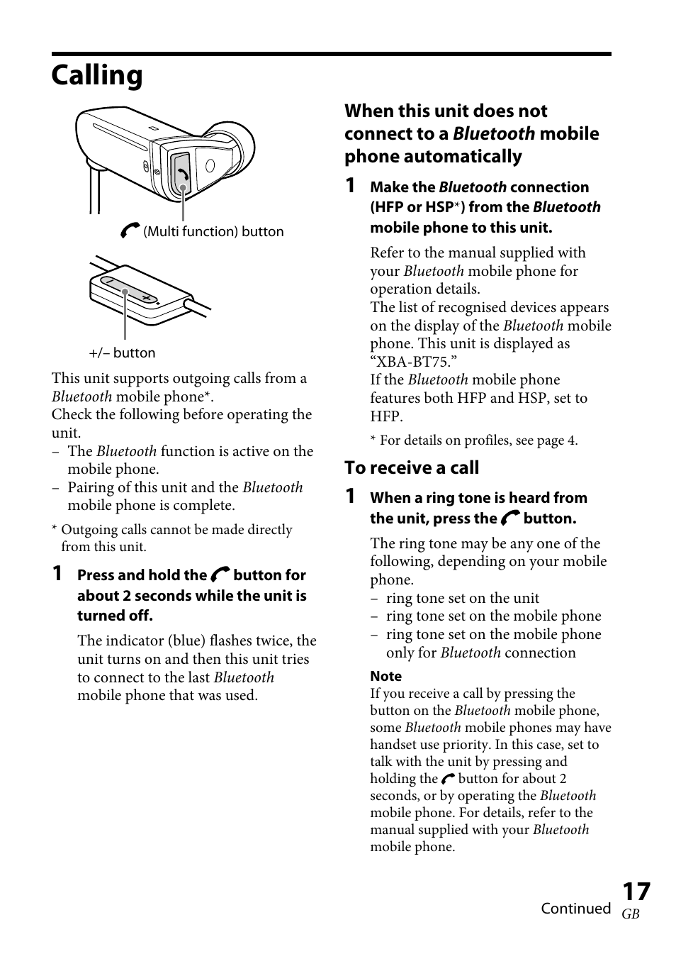 Calling | Sony XBA-BT75 User Manual | Page 17 / 132