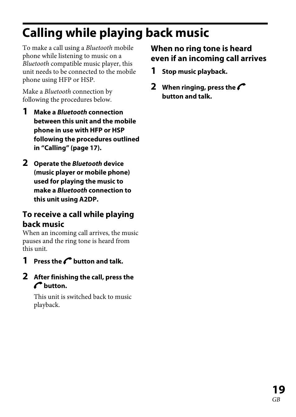 Calling while playing back music | Sony XBA-BT75 User Manual | Page 19 / 132