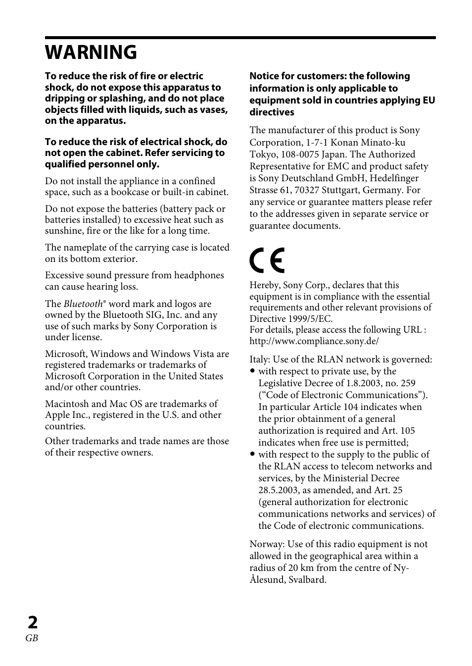 Warning | Sony XBA-BT75 User Manual | Page 2 / 132