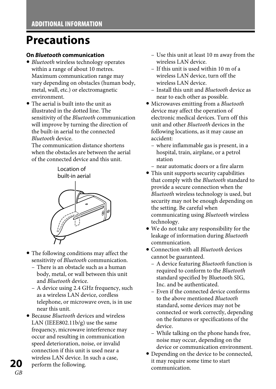 Precautions | Sony XBA-BT75 User Manual | Page 20 / 132