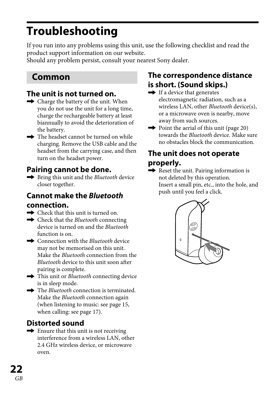 Troubleshooting, Common, The unit is not turned on | Pairing cannot be done, Cannot make the bluetooth connection, Distorted sound, The unit does not operate properly | Sony XBA-BT75 User Manual | Page 22 / 132