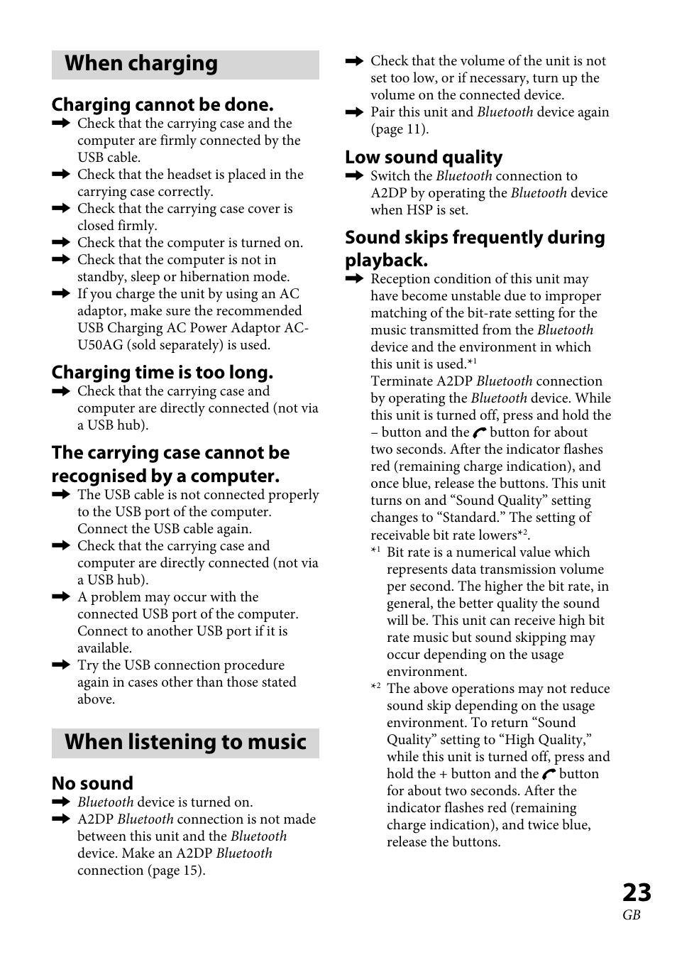 When charging, When listening to music, Charging cannot be done | Charging time is too long, No sound, Low sound quality, Sound skips frequently during playback | Sony XBA-BT75 User Manual | Page 23 / 132