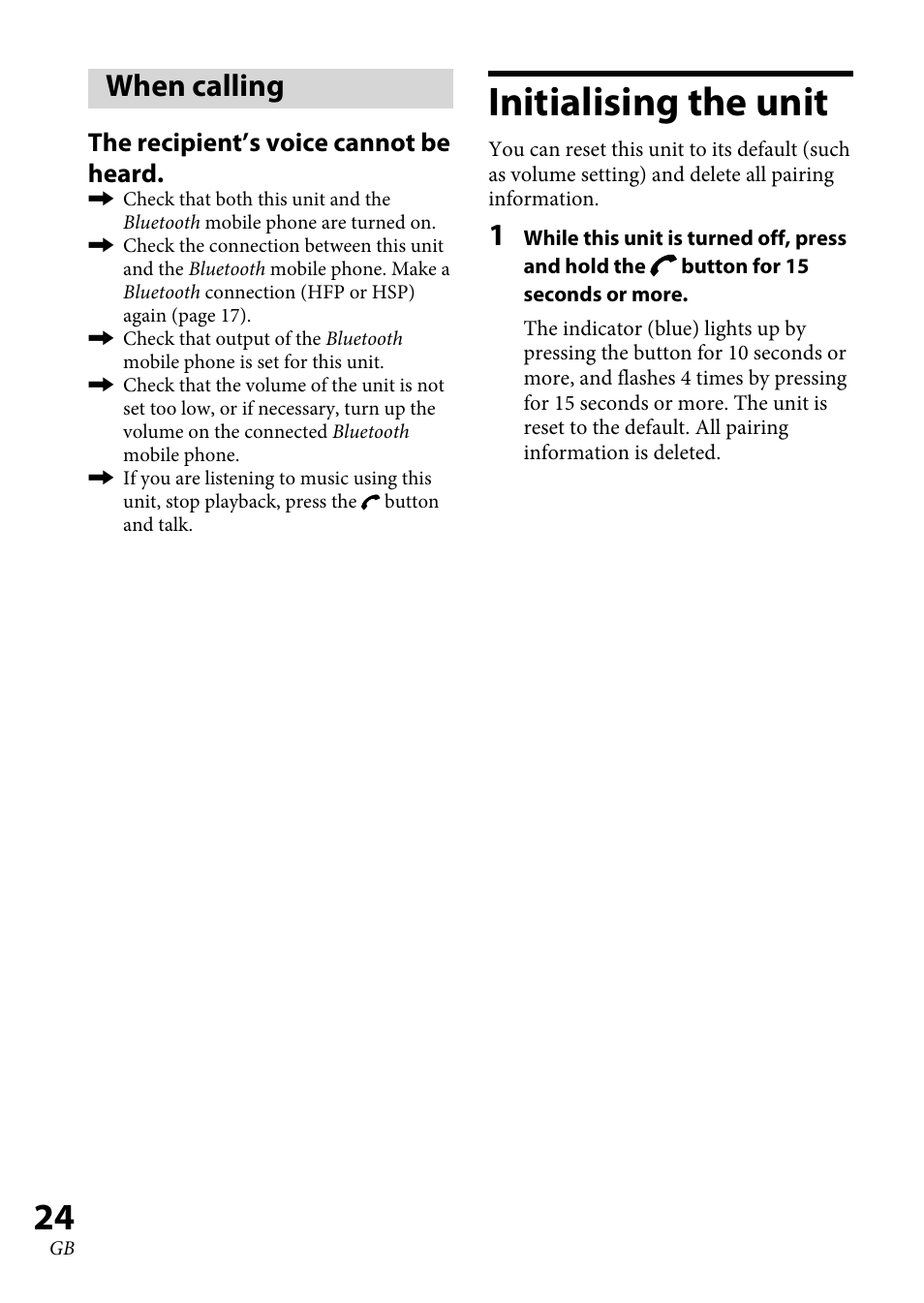 When calling, Initialising the unit, The recipient’s voice cannot be heard | Sony XBA-BT75 User Manual | Page 24 / 132