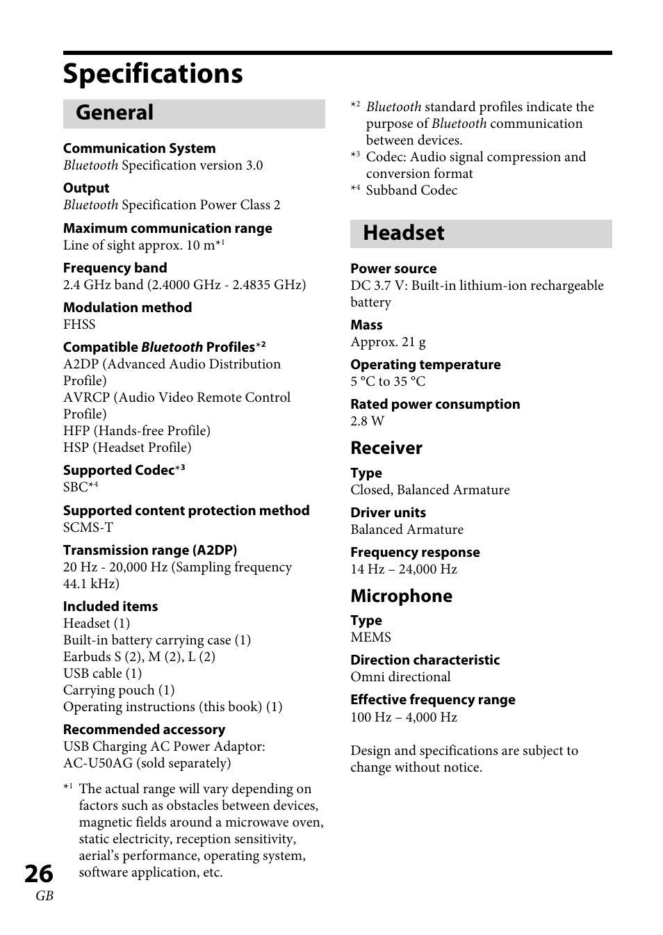 Specifications, General, Headset | Receiver, Microphone | Sony XBA-BT75 User Manual | Page 26 / 132