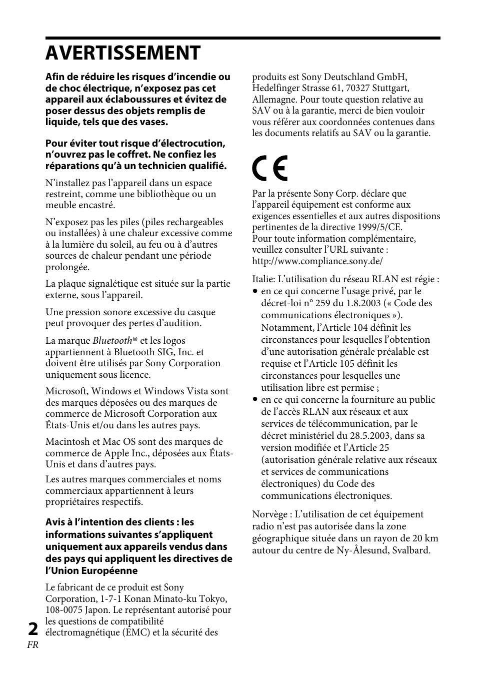 Avertissement | Sony XBA-BT75 User Manual | Page 28 / 132