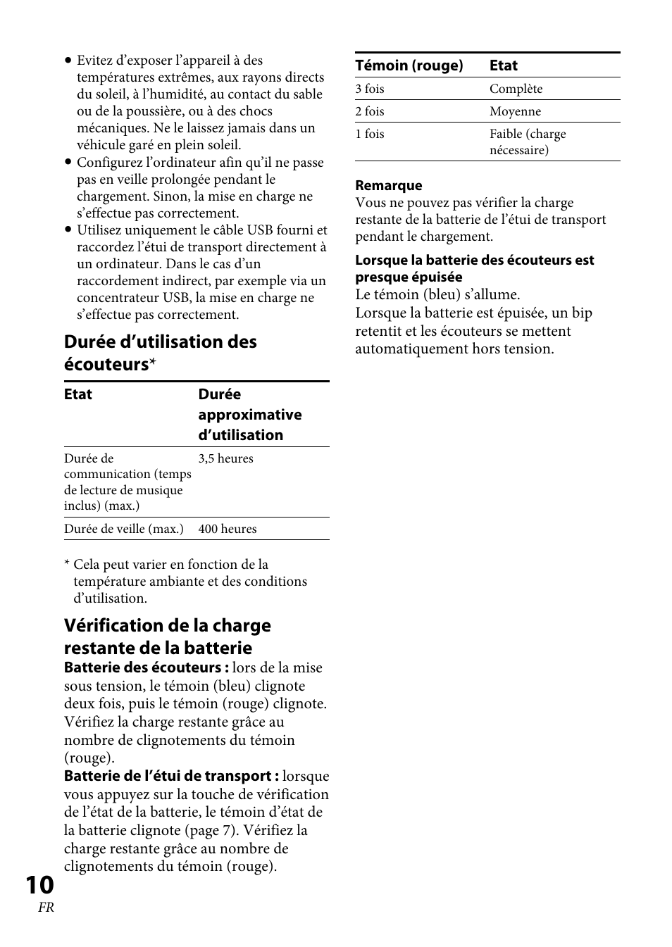 Durée d’utilisation des écouteurs, Vérification de la charge restante de la batterie | Sony XBA-BT75 User Manual | Page 36 / 132