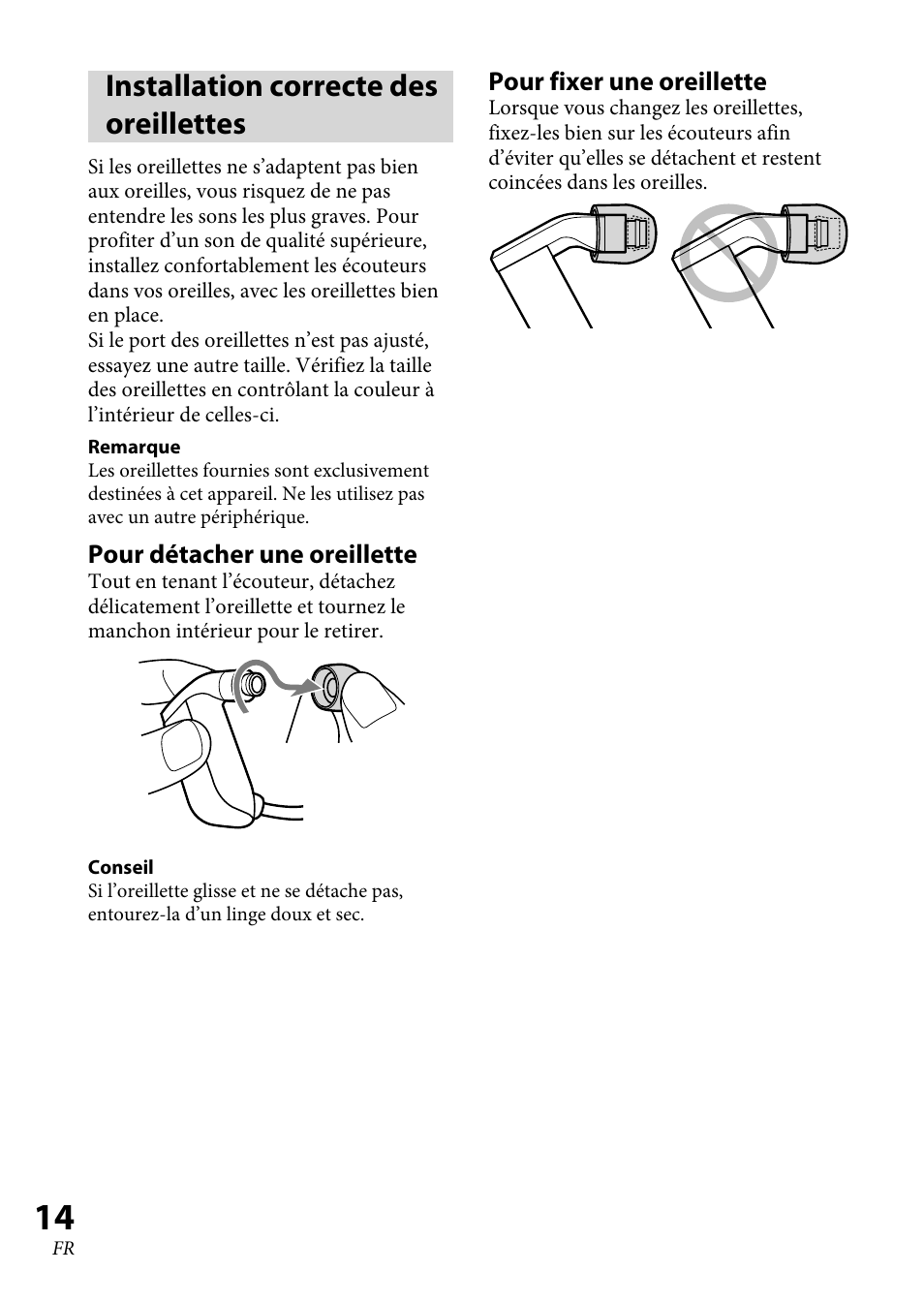 Installation correcte des oreillettes | Sony XBA-BT75 User Manual | Page 40 / 132