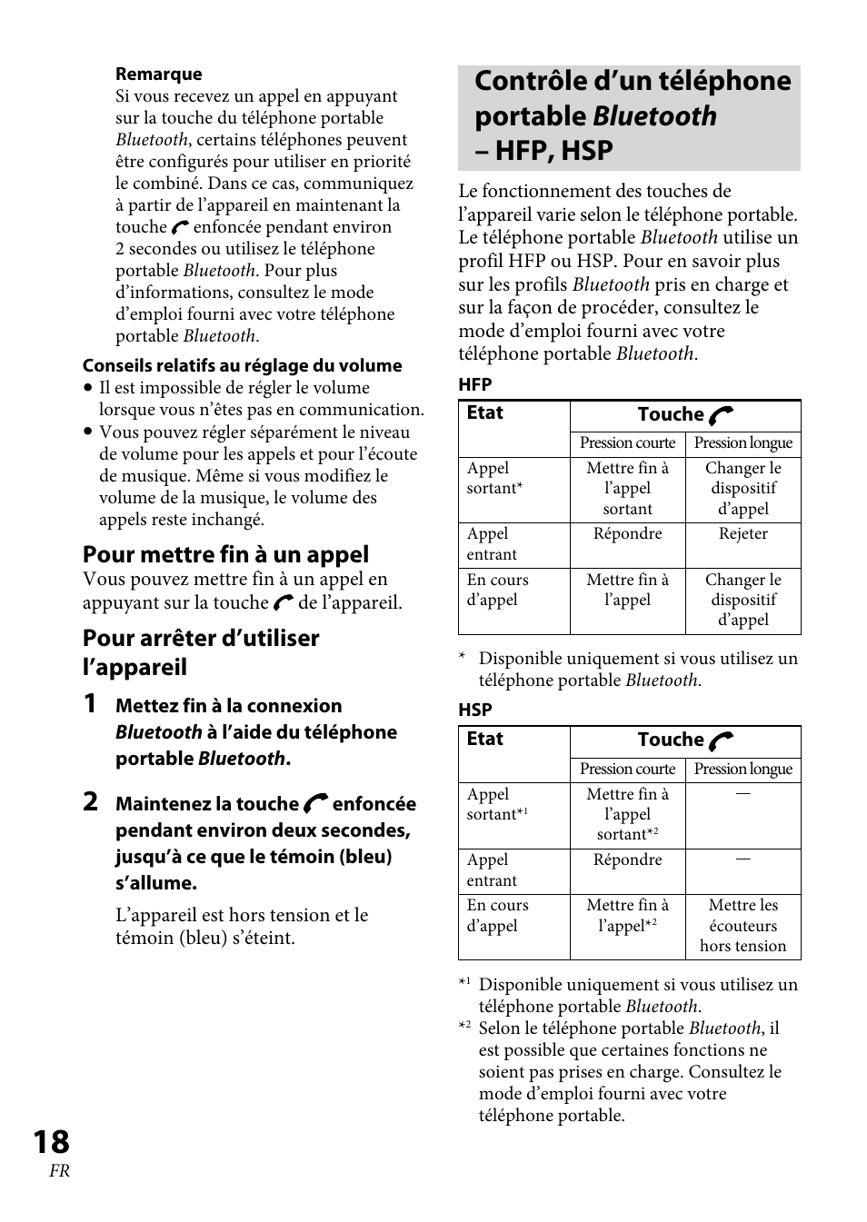 Pour mettre fin à un appel, Pour arrêter d’utiliser l’appareil | Sony XBA-BT75 User Manual | Page 44 / 132