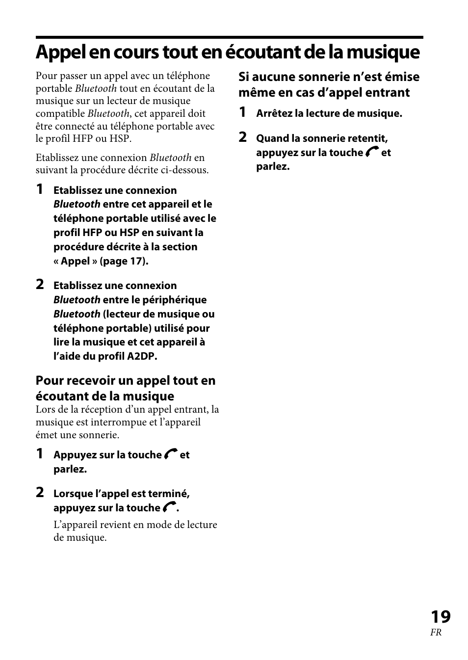 Appel en cours tout en écoutant de la musique | Sony XBA-BT75 User Manual | Page 45 / 132