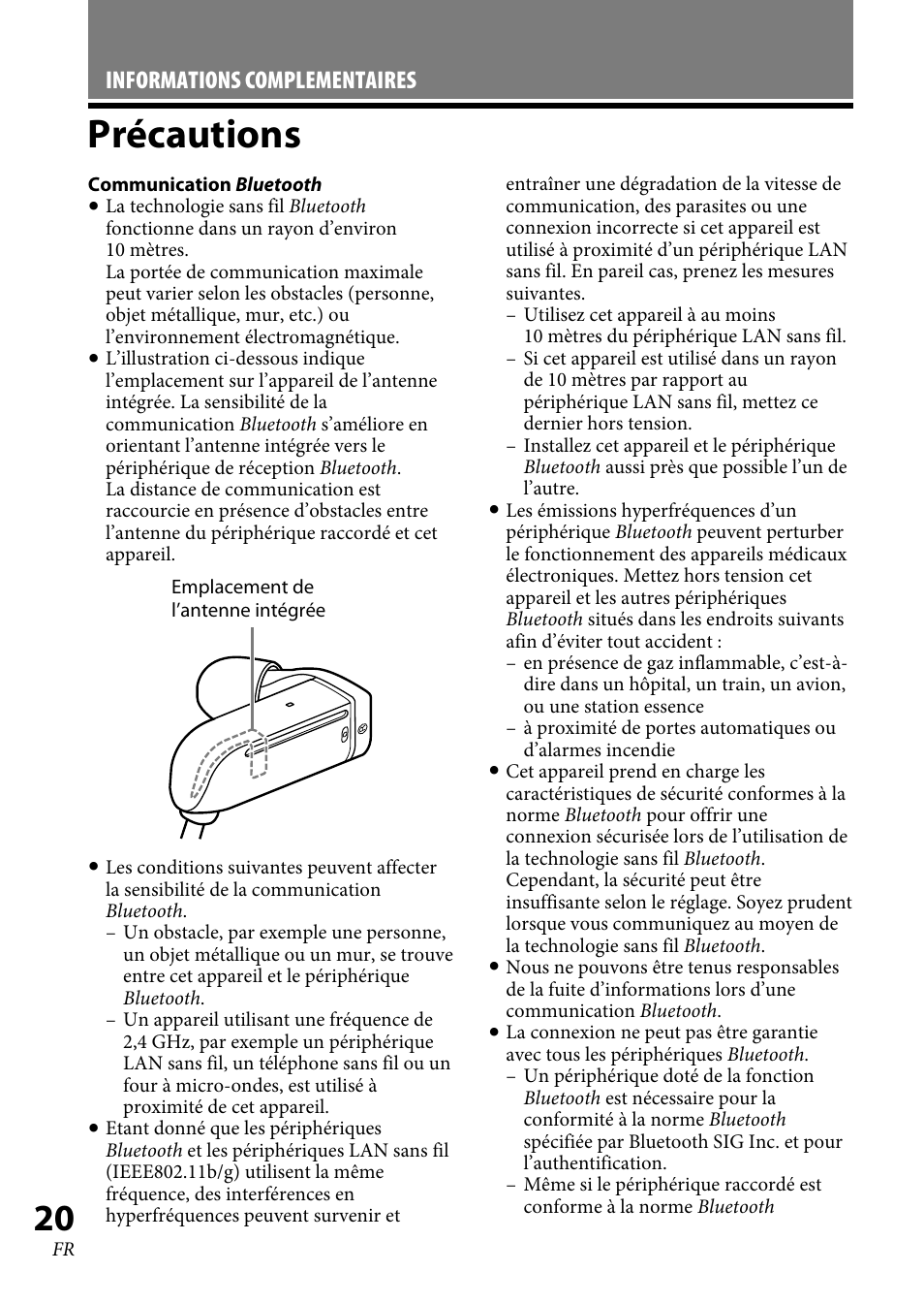 Précautions | Sony XBA-BT75 User Manual | Page 46 / 132