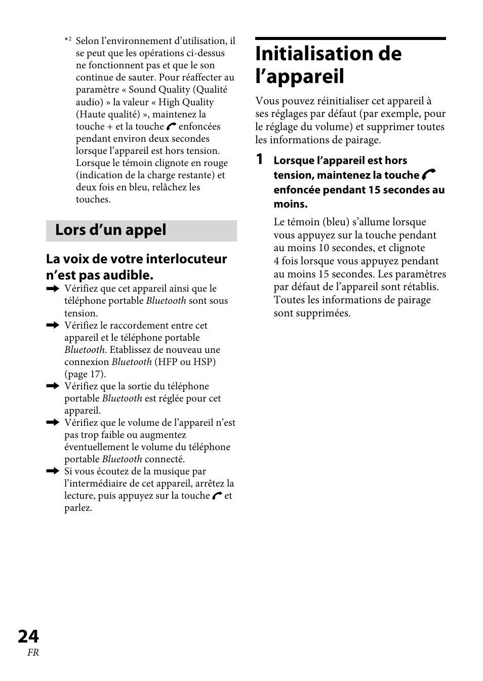 Lors d’un appel, Initialisation de l’appareil, La voix de votre interlocuteur n’est pas audible | Sony XBA-BT75 User Manual | Page 50 / 132