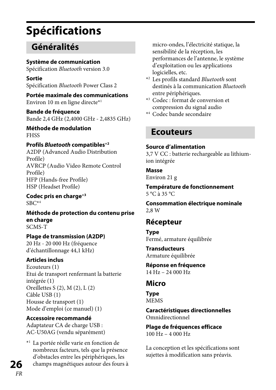 Spécifications, Généralités, Ecouteurs | Récepteur, Micro | Sony XBA-BT75 User Manual | Page 52 / 132