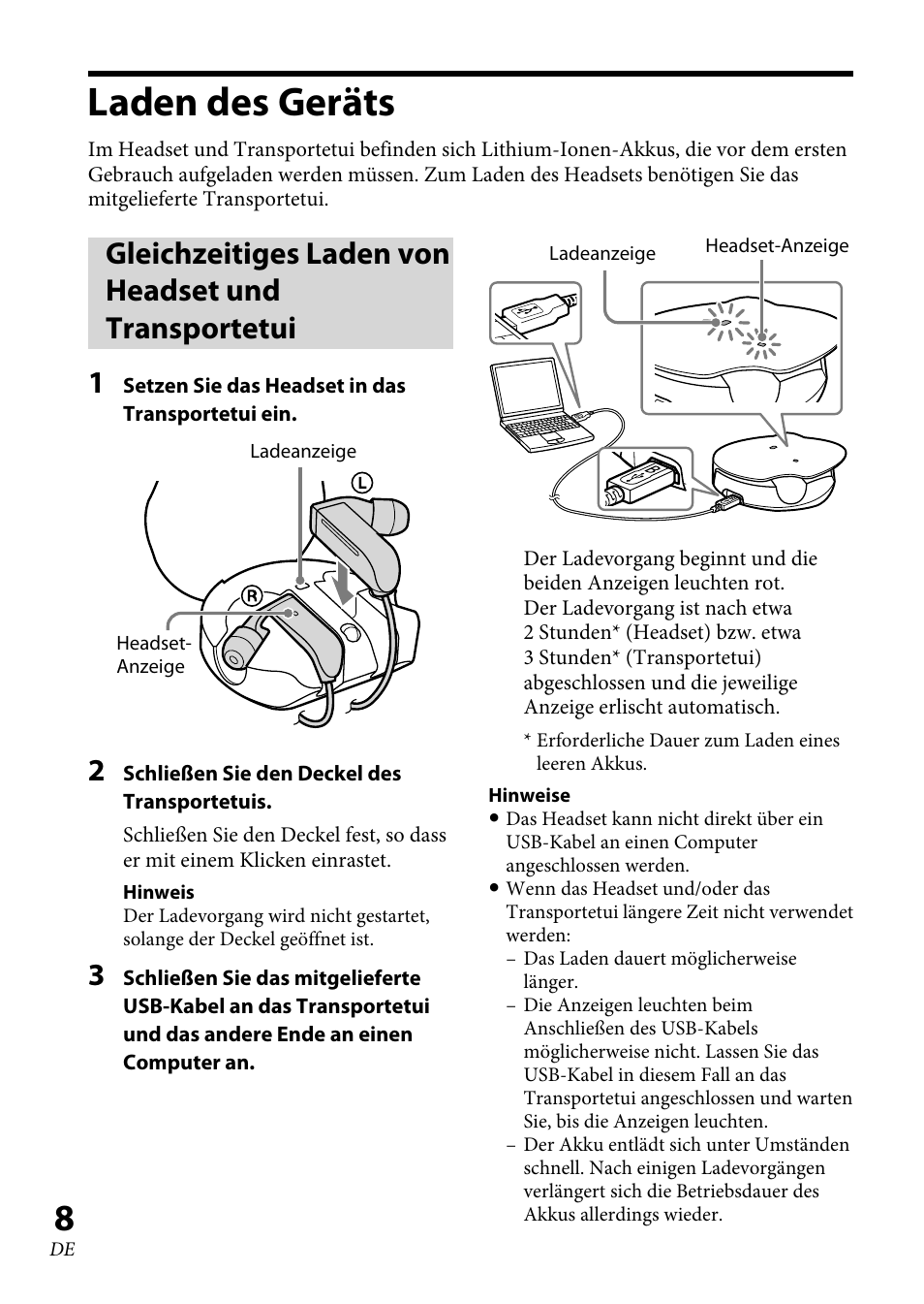 Laden des geräts, Gleichzeitiges laden von headset und transportetui | Sony XBA-BT75 User Manual | Page 60 / 132