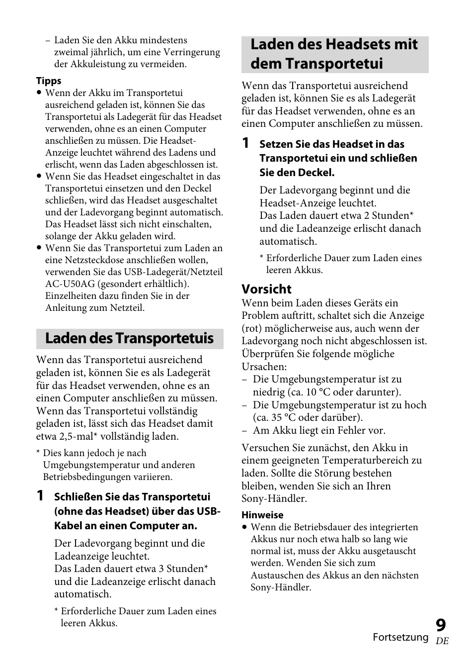 Laden des transportetuis, Laden des headsets mit dem transportetui, Vorsicht | Sony XBA-BT75 User Manual | Page 61 / 132